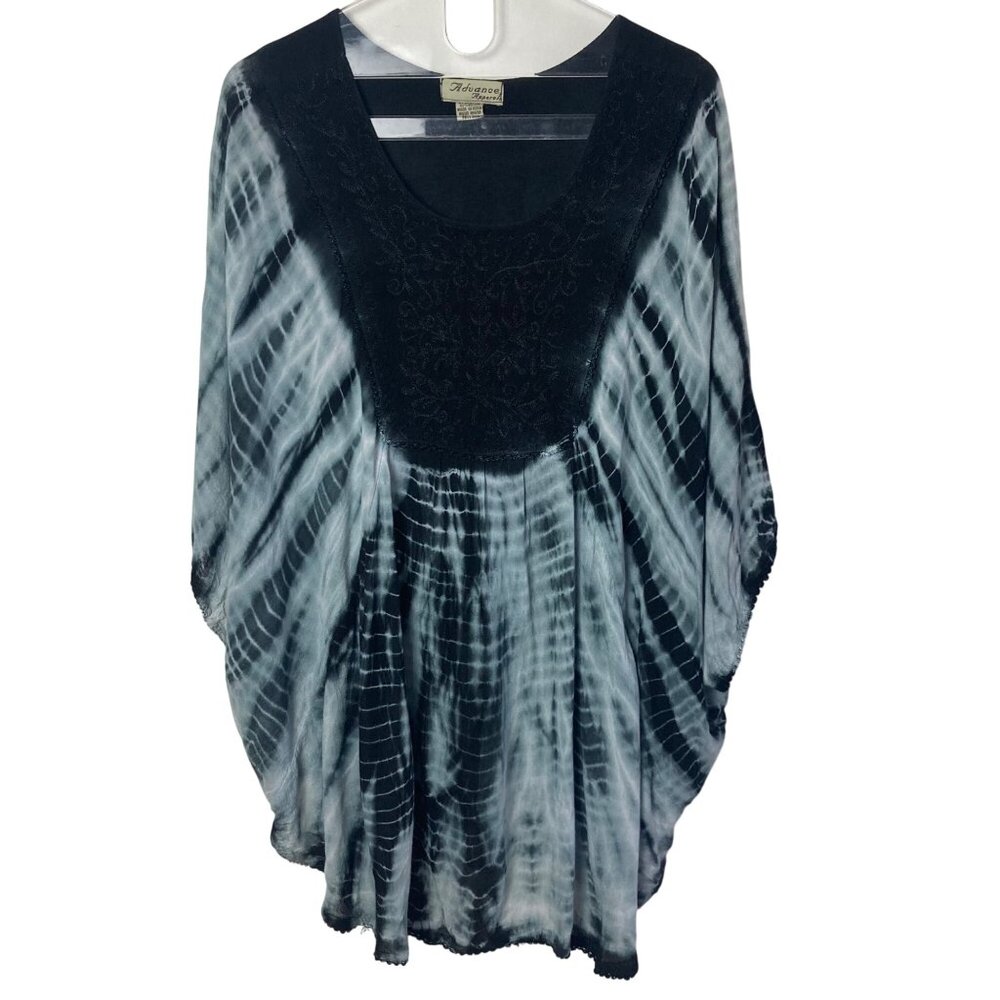 Boho Tie Dye Kaftan Top Womens One Size Black Blue Embroidered Festival Hippie